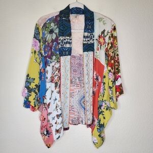 Vincente Boho Mixed Media Print Embroidered Floral Semi Sheer Kimono M